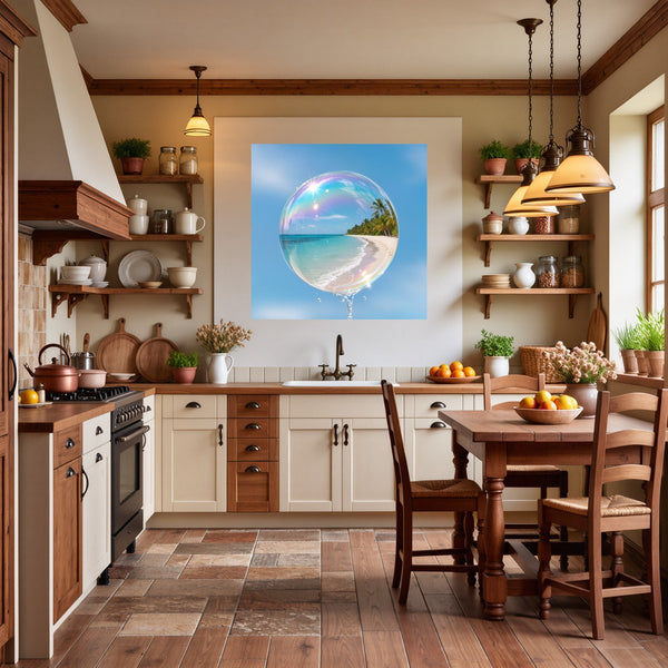 Poster Wandbild Traumhafte Strandansicht in einer Seifenblase fuer Kueche und Esszimmer warmeFarben Quadrat