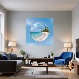 Poster Wandbild Traumhafte Strandansicht in einer Seifenblase fuer Wohnzimmer blau Quadrat