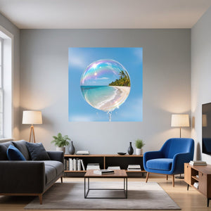 Poster Wandbild Traumhafte Strandansicht in einer Seifenblase fuer Wohnzimmer blau Quadrat