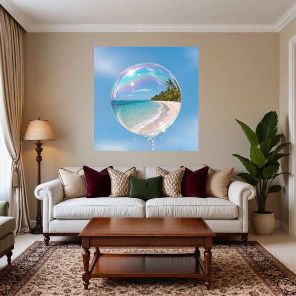 Poster Wandbild Traumhafte Strandansicht in einer Seifenblase fuer Wohnzimmer warmeFarben Quadrat