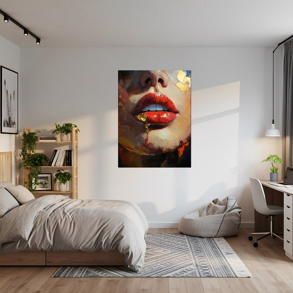 Poster Wandbild Verführerische Lippen fuer Jugendzimmer grauoderbeige Hochformat