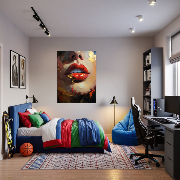 Poster Wandbild Verführerische Lippen fuer Jugendzimmer warmeFarben Hochformat