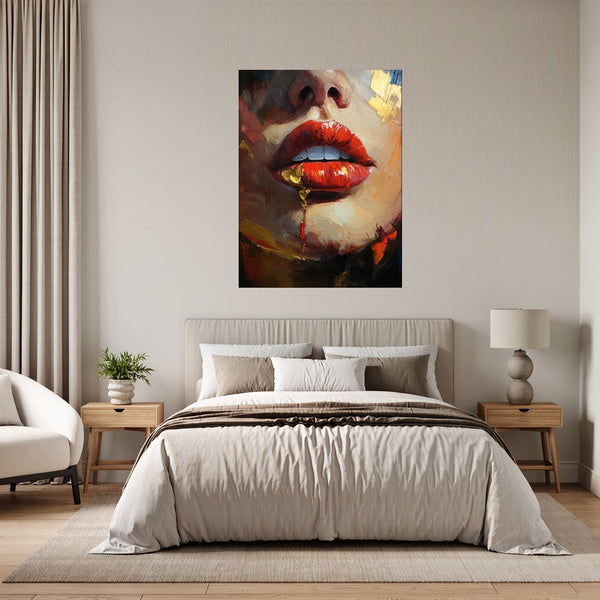 Poster Wandbild Verführerische Lippen fuer Schlafzimmer grauoderbeige Hochformat