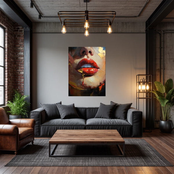 Poster Wandbild Verführerische Lippen fuer Wohnzimmer dunkelanthrazit Hochformat