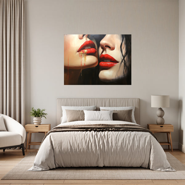 Poster Wandbild Verführerische Lippenkunst fuer Schlafzimmer grauoderbeige Querformat