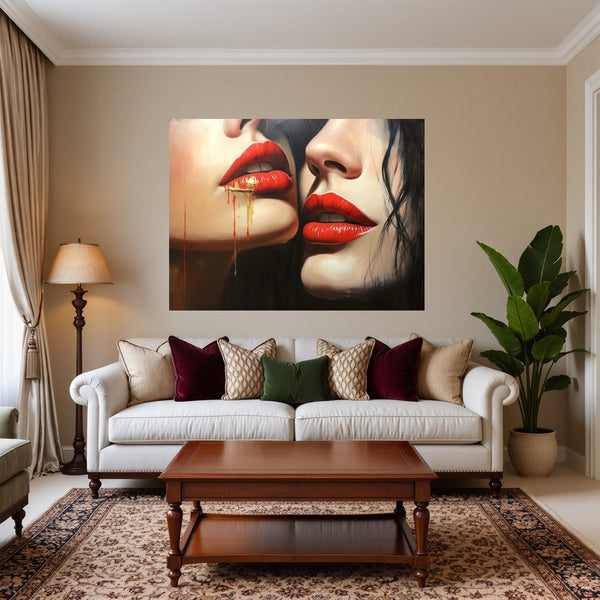 Poster Wandbild Verführerische Lippenkunst fuer Wohnzimmer warmeFarben Querformat