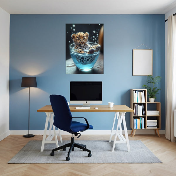 Poster Wandbild Verspielt und Niedlich Leopardenjunges im Glas fuer Buero und Arbeitszimmer blau Hochformat
