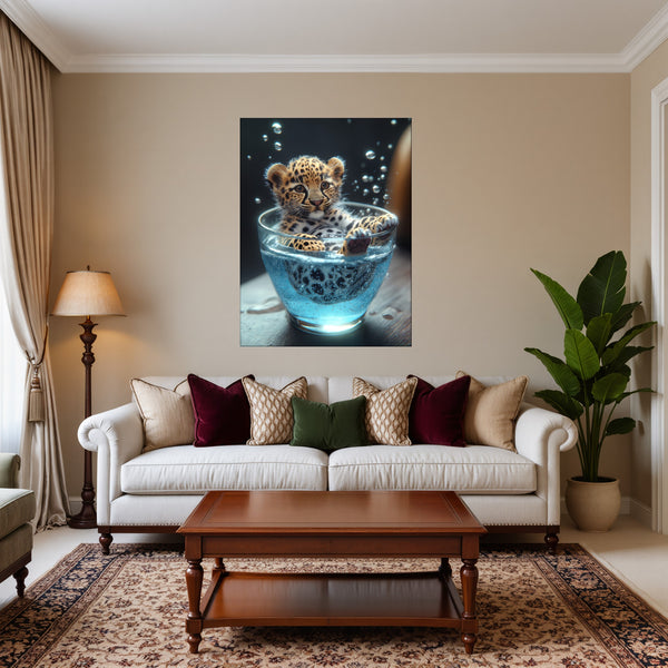 Poster Wandbild Verspielt und Niedlich Leopardenjunges im Glas fuer Wohnzimmer warmeFarben Hochformat