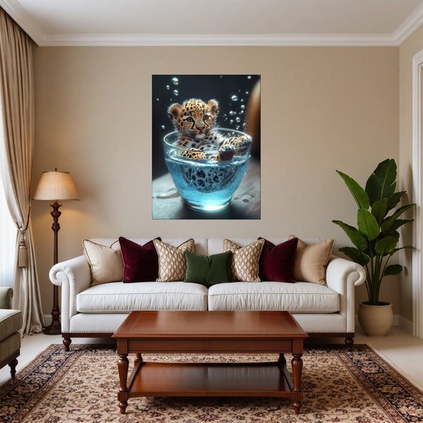 Poster Wandbild Verspielt und Niedlich Leopardenjunges im Glas fuer Wohnzimmer warmeFarben Hochformat
