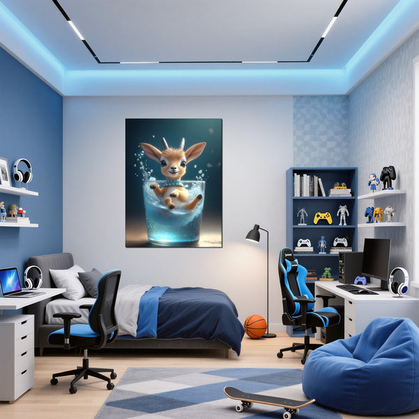Poster Wandbild Verspielte Freude im Glas fuer Jugendzimmer blau Hochformat