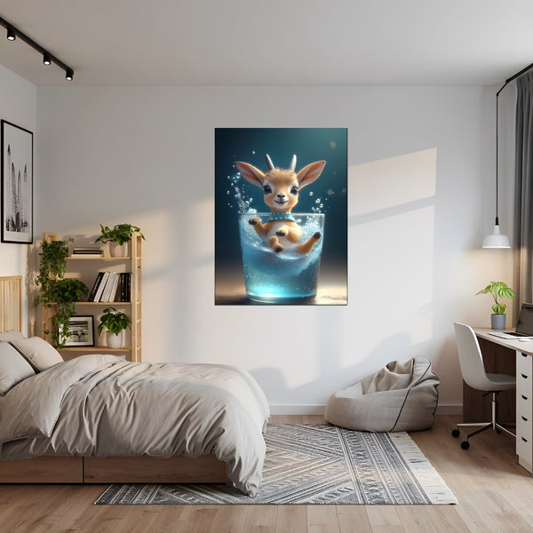 Poster Wandbild Verspielte Freude im Glas fuer Jugendzimmer grauoderbeige Hochformat