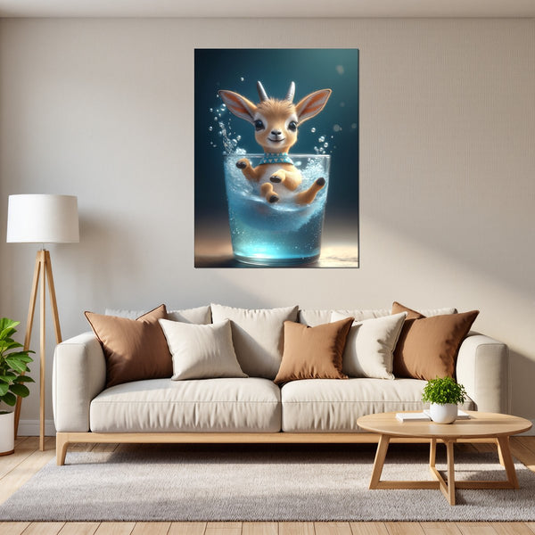 Poster Wandbild Verspielte Freude im Glas fuer Wohnzimmer grauoderbeige Hochformat