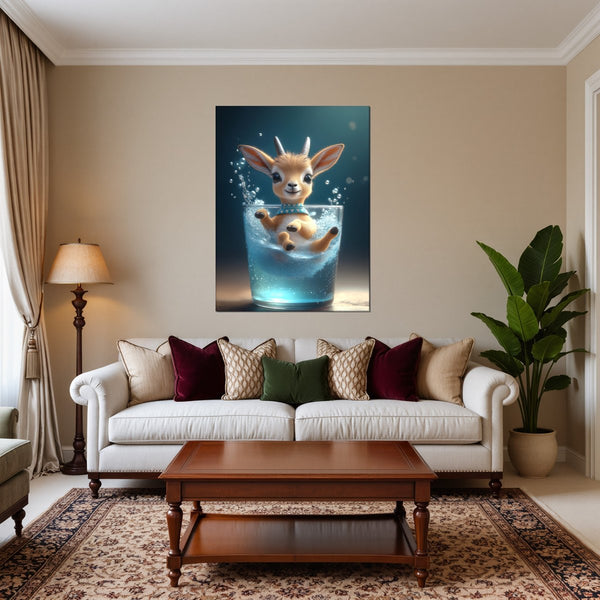 Poster Wandbild Verspielte Freude im Glas fuer Wohnzimmer warmeFarben Hochformat