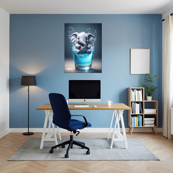 Poster Wandbild Verspielter Elefant im Glas fuer Buero und Arbeitszimmer blau Hochformat
