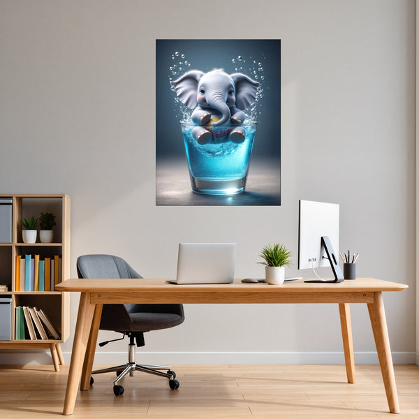 Poster Wandbild Verspielter Elefant im Glas fuer Buero und Arbeitszimmer warmeFarben Hochformat
