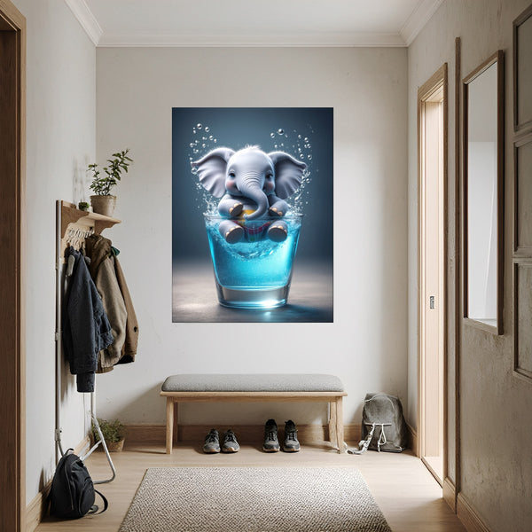 Poster Wandbild Verspielter Elefant im Glas fuer Flur und Eingang dunkelanthrazit Hochformat