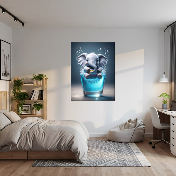 Poster Wandbild Verspielter Elefant im Glas fuer Jugendzimmer grauoderbeige Hochformat