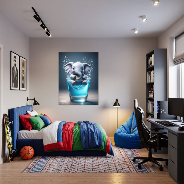 Poster Wandbild Verspielter Elefant im Glas fuer Jugendzimmer warmeFarben Hochformat
