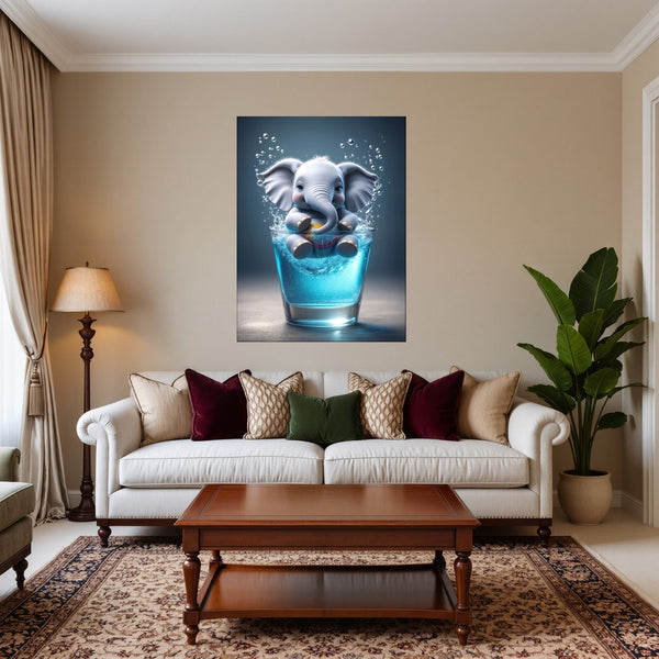 Poster Wandbild Verspielter Elefant im Glas fuer Wohnzimmer warmeFarben Hochformat