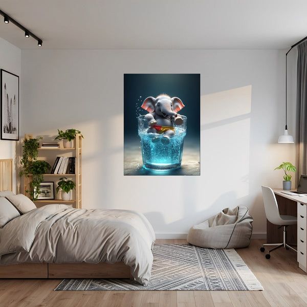Poster Wandbild Verspielter Elefant im Wasser fuer Jugendzimmer gruen Hochformat