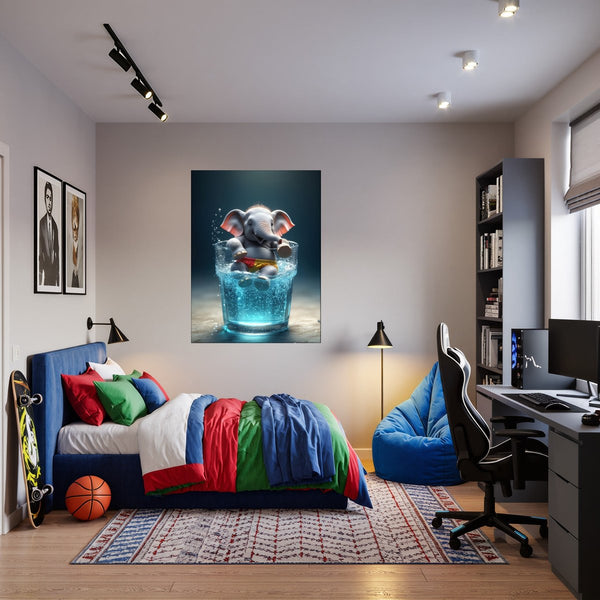 Poster Wandbild Verspielter Elefant im Wasser fuer Jugendzimmer warmeFarben Hochformat