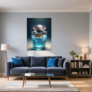 Poster Wandbild Verspielter Elefant im Wasser fuer Wohnzimmer blau Hochformat