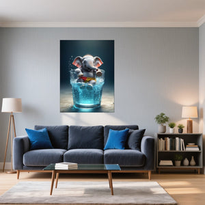 Poster Wandbild Verspielter Elefant im Wasser fuer Wohnzimmer blau Hochformat
