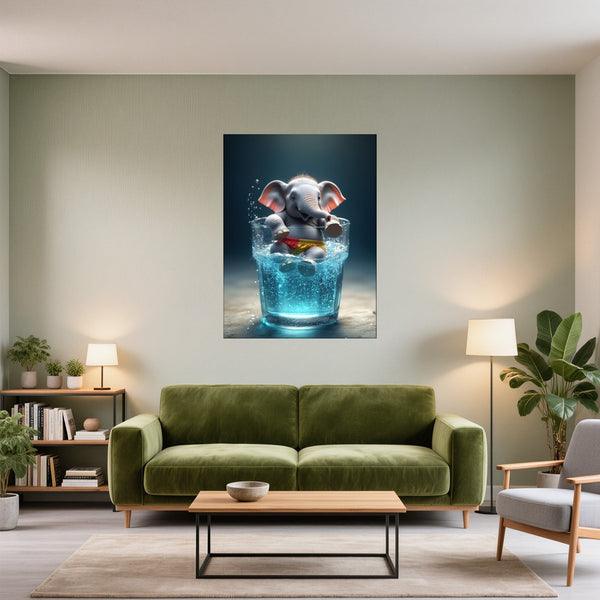 Poster Wandbild Verspielter Elefant im Wasser fuer Wohnzimmer gruen Hochformat