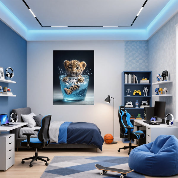 Poster Wandbild Verspielter Leopard im Wasser fuer Jugendzimmer blau Hochformat