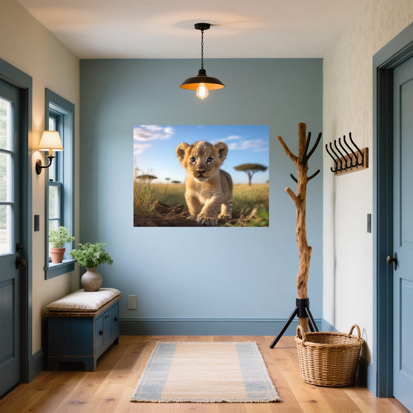 Poster Wandbild Verspielter Löwe fuer Flur und Eingang blau Querformat