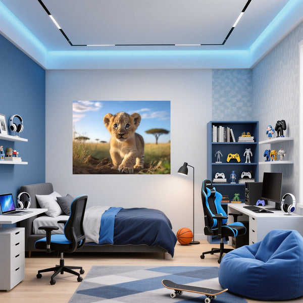 Poster Wandbild Verspielter Löwe fuer Jugendzimmer blau Querformat