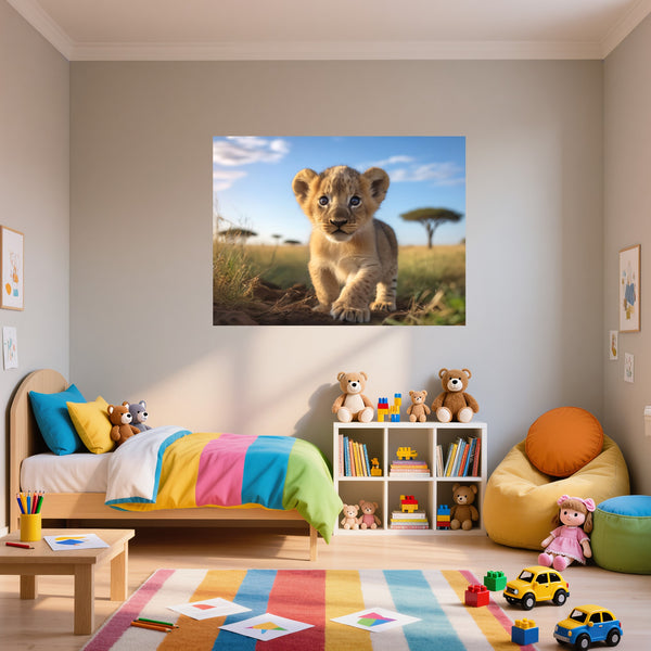Poster Wandbild Verspielter Löwe fuer Kinderzimmer Querformat
