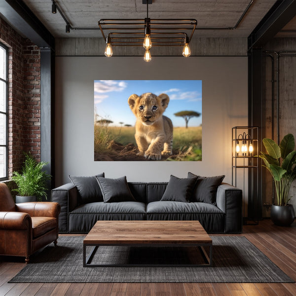 Poster Wandbild Verspielter Löwe fuer Wohnzimmer dunkelanthrazit Querformat