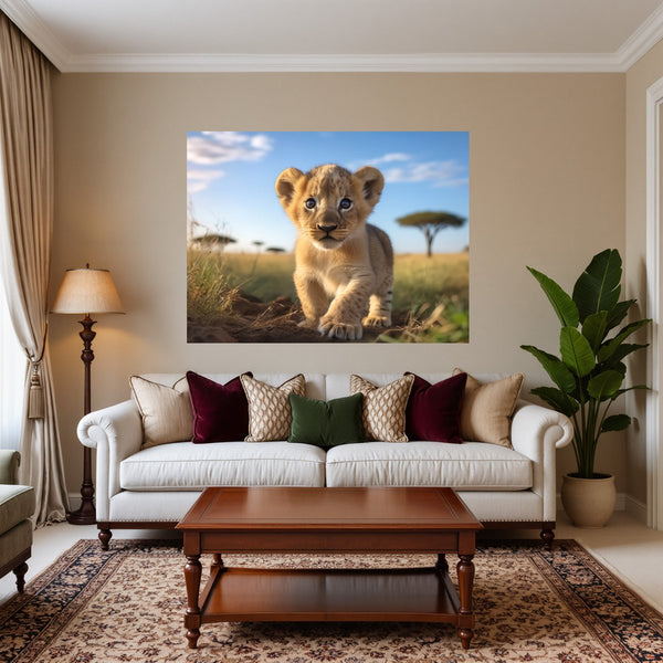 Poster Wandbild Verspielter Löwe fuer Wohnzimmer warmeFarben Querformat