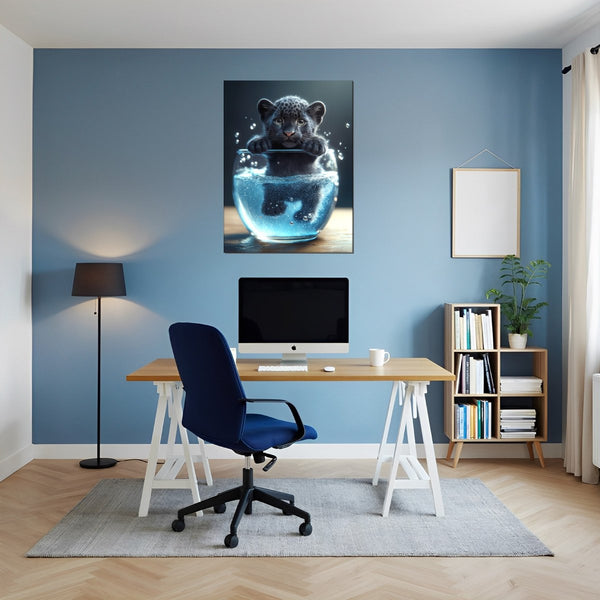 Poster Wandbild Verspielter Panther im Wasser fuer Buero und Arbeitszimmer blau Hochformat