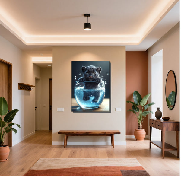 Poster Wandbild Verspielter Panther im Wasser fuer Flur und Eingang warmeFarben Hochformat