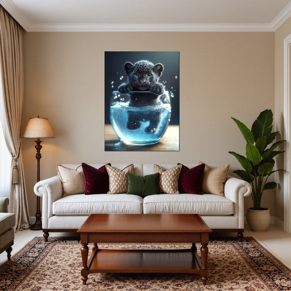 Poster Wandbild Verspielter Panther im Wasser fuer Wohnzimmer warmeFarben Hochformat