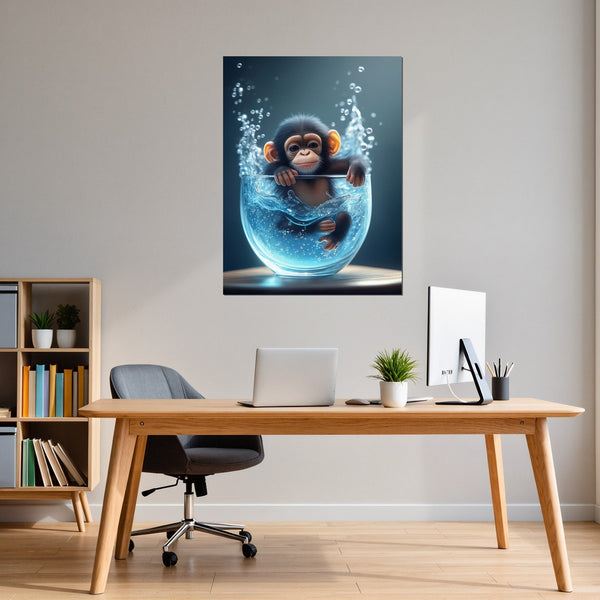 Poster Wandbild Verspielter Schimpanse im Wasser fuer Buero und Arbeitszimmer warmeFarben Hochformat