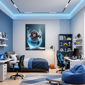 Poster Wandbild Verspielter Schimpanse im Wasser fuer Jugendzimmer blau Hochformat