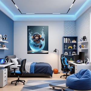 Poster Wandbild Verspielter Schimpanse im Wasser fuer Jugendzimmer blau Hochformat