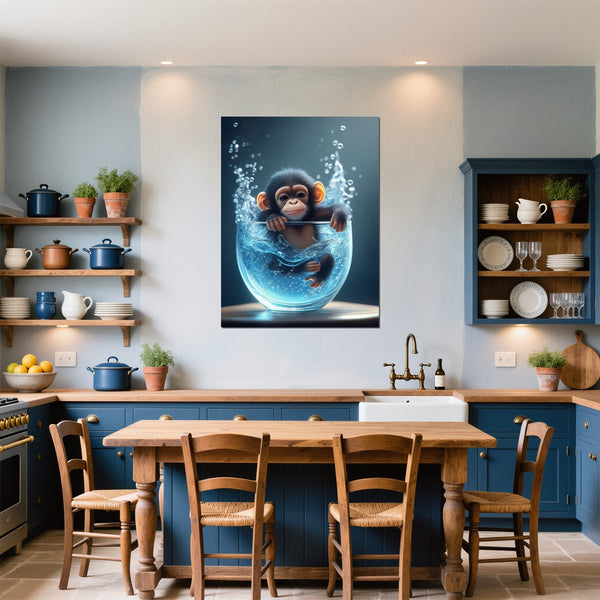 Poster Wandbild Verspielter Schimpanse im Wasser fuer Kueche und Esszimmer blau Hochformat