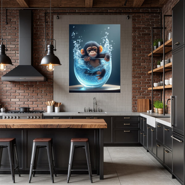 Poster Wandbild Verspielter Schimpanse im Wasser fuer Kueche und Esszimmer dunkelanthrazit Hochformat