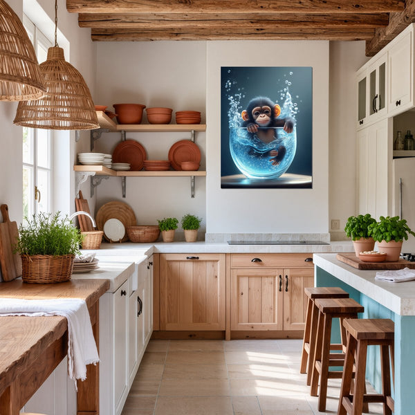 Poster Wandbild Verspielter Schimpanse im Wasser fuer Kueche und Esszimmer warmeFarben Hochformat