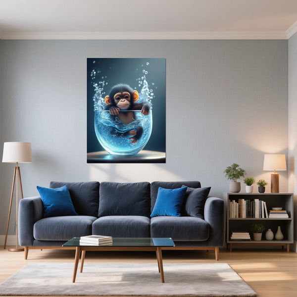 Poster Wandbild Verspielter Schimpanse im Wasser fuer Wohnzimmer blau Hochformat