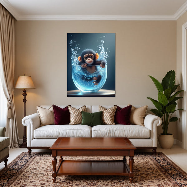 Poster Wandbild Verspielter Schimpanse im Wasser fuer Wohnzimmer warmeFarben Hochformat