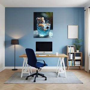 Poster Wandbild Verspielter Tiger im Wasser fuer Buero und Arbeitszimmer blau Hochformat