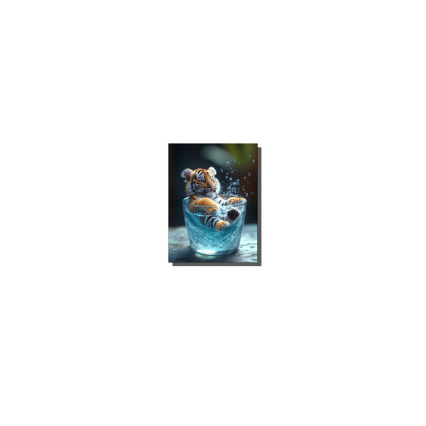 Poster Wandbild Verspielter Tiger im Wasser fuer Flur und Eingang warmeFarben Hochformat