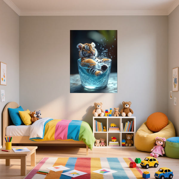 Poster Wandbild Verspielter Tiger im Wasser fuer Kinderzimmer Hochformat
