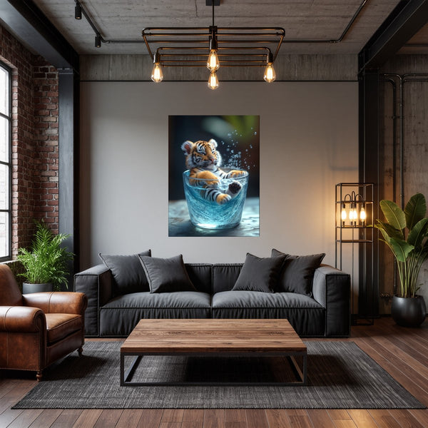 Poster Wandbild Verspielter Tiger im Wasser fuer Wohnzimmer dunkelanthrazit Hochformat