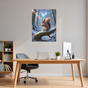 Poster Wandbild Verspieltes Eichhörnchen im Winterwald fuer Buero und Arbeitszimmer dunkelanthrazit Hochformat
